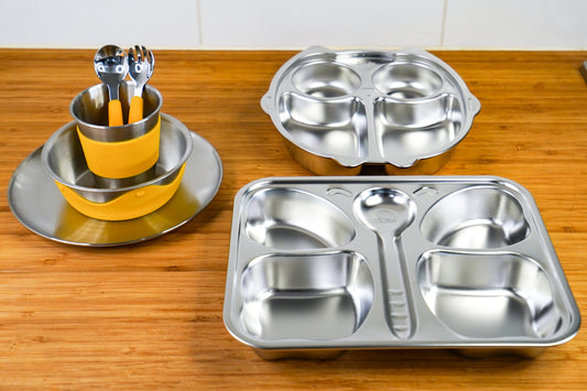 Kids Stainless Steel Mealtime Basics Set + 2 Section Plates (Save 15%)